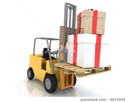 Forklift with gifts boxes is isolated 8655009