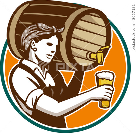 Woman Bartender Pouring Keg Barrel Beer Retro 8657121