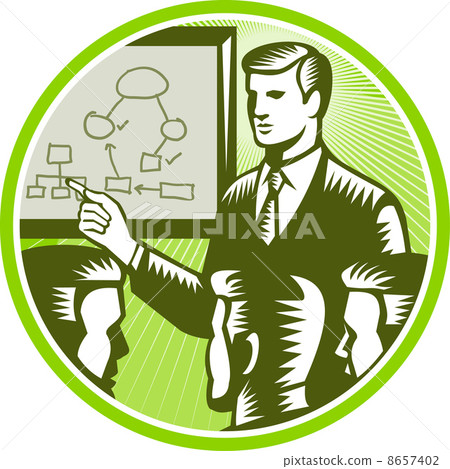 Businessman Presenting Boardroom Woodcut 8657402