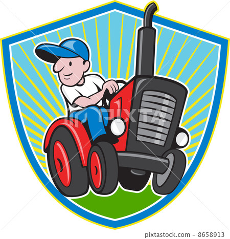 圖庫插圖: farmer driving vintage tractor cartoon