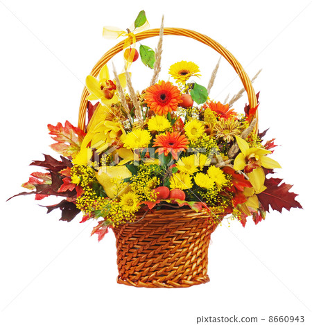 Colorful flower bouquet arrangement centerpiece in wicker basket 8660943