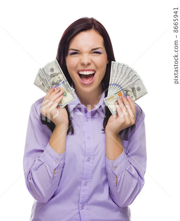 Mixed Race Woman Holding the New One Hundred Dollar Bills Mixed Race Woman Holding the New One Hundred Dollar Bills 8665941