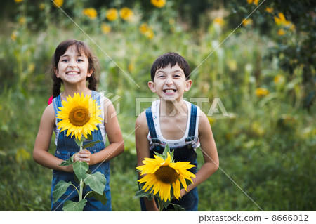 Portrait of cute girls hiding behind sunflowers Portrait of cute girls hiding behind sunflowers 8666012