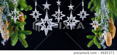 christmas tree with shiny silver stars over black christmas tree with shiny silver stars over black 8685371