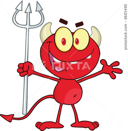 Cute Little Red Devil Holding Up A Pitchfork - Stock Illustration ...