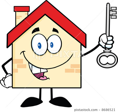 House Cartoon Character Holding Up A Key - Stock Illustration [8686521 ...