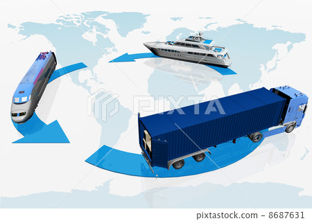 types of transport on a map of the world ... - Stock Illustration ...