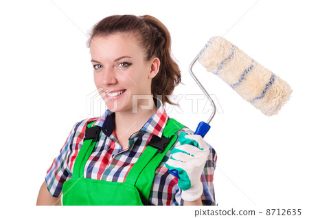 Woman painter with paintbrush on white Woman painter with paintbrush on white 8712635