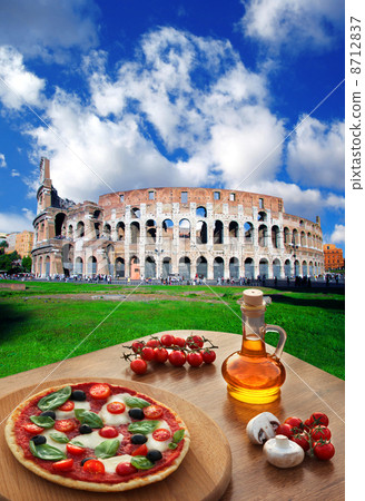 Colosseum in Rome with classic pizza in Italy 8712837