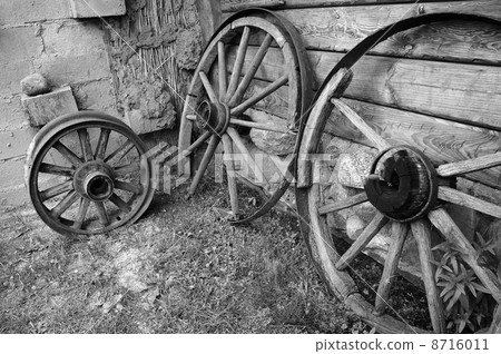 Old wooden wheels of cart. 8716011