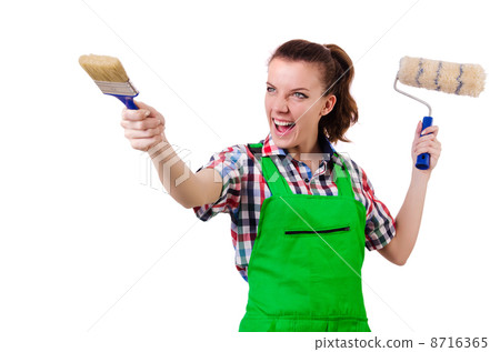 Woman painter with paintbrush on white Woman painter with paintbrush on white 8716365