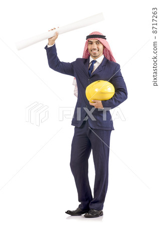 Arab engineer with drawings on white Arab engineer with drawings on white 8717263