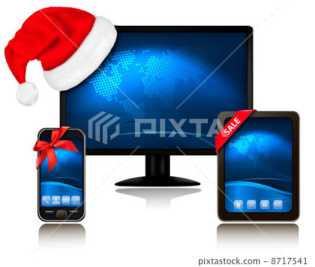 Christmas mobile phone with Santa hat gift and monitor with ribbon. Vector. 8717541