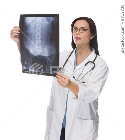 Mixed Race Female Doctor or Nurse Reviewing X-ray on White 8718739