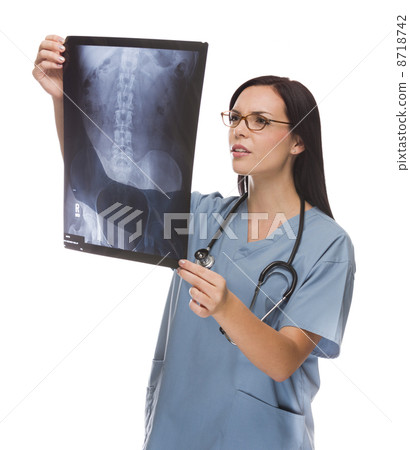 Mixed Race Female Doctor or Nurse Reviewing X-ray on White 8718742