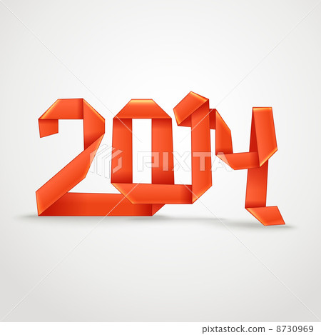 Happy New 2014 year. Red silk decorative ribbon oribami style 8730969