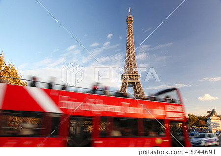 Paris, Eiffel tower with red bus 8744691