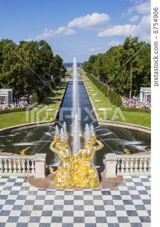 Peterhof palace park main channel with fountains, Saint-Petersbu 8754906