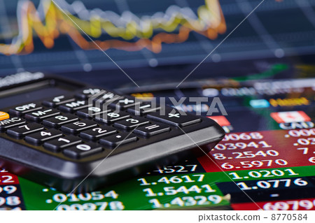 Calculator and financial chart as background. Selective focus 8770584