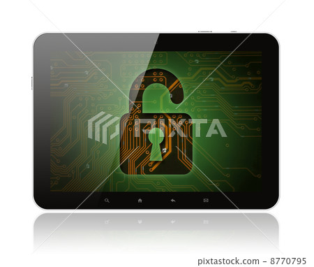 Tablet PC with circuit background and lock . 8770795
