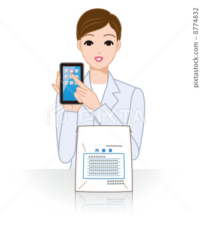 A pharmacist explaining the medicine notebook application of the smartphone A pharmacist explaining the medicine notebook application of the smartphone 8774832