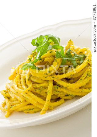Pasta with Saffron and arugula pesto Isolated Pasta with Saffron and arugula pesto Isolated 8778961