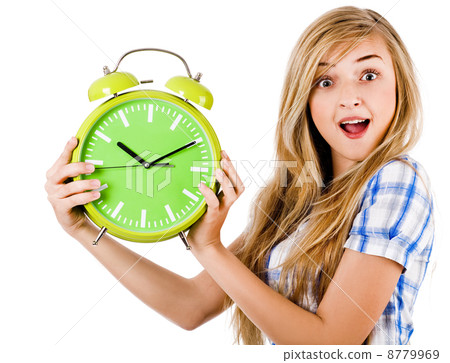 Women surprised with the ringing alarm 8779969