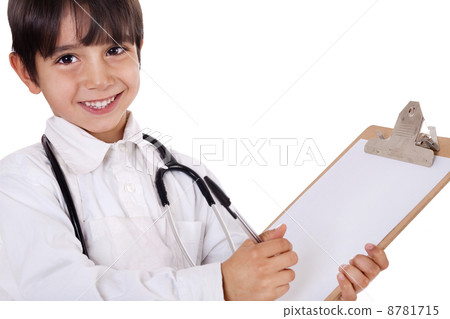 Little boy doctor writes on his clipboard for diagnosis Little boy doctor writes on his clipboard for diagnosis 8781715