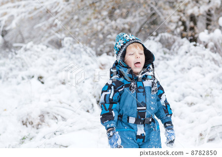 Adorable toddler boy having fun with snow 8782850