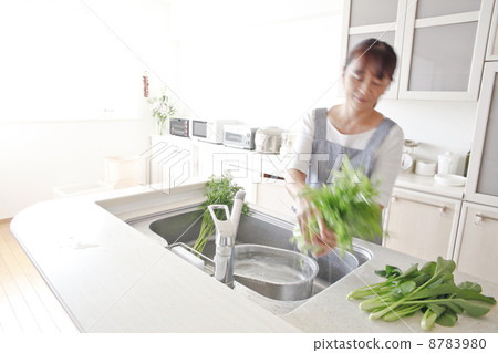 主婦洗滌的菜在廚房裡 主婦洗滌的菜在廚房裡 8783980