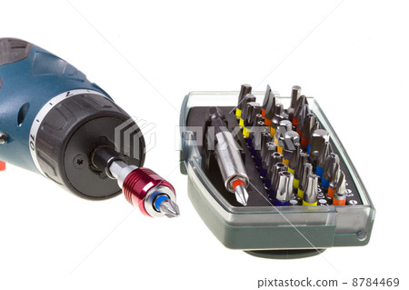 Drill-screwdriver electric storage and set of nozzles on white background Drill-screwdriver electric storage and set of nozzles on white background 8784469