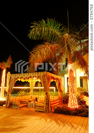 Recreation area of the luxury hotel in night illumination, Fujai Recreation area of the luxury hotel in night illumination, Fujai 8784768