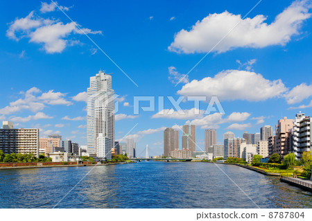The Sumida River spreading the blue sky and surrounding skyscrapers 8787804