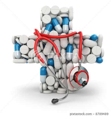 Concept of medicine. Cross from drugs and stethoscope. 8789489