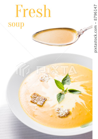 Pumpkin soup on served table Pumpkin soup on served table 8796147