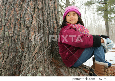 Nine year old girl sitting outdoors in winter Nine year old girl sitting outdoors in winter 8798229
