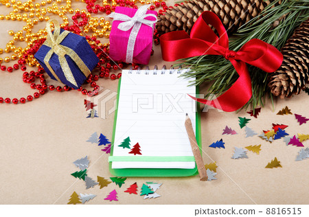 Christmas decorations, gifts and a notebook for congratulations. 8816515