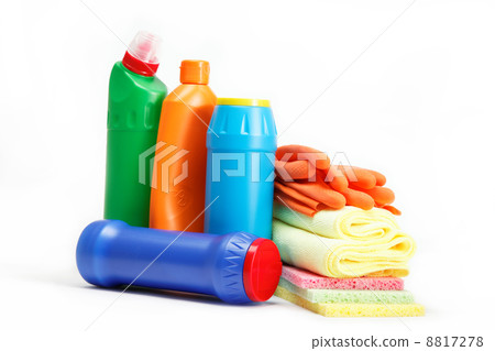 Detergent bottles, rubber gloves and cleaning sponge on a white Detergent bottles, rubber gloves and cleaning sponge on a white 8817278