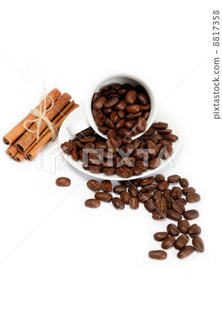 Sup with coffee beans and cinnamon isolated on white background. 8817358