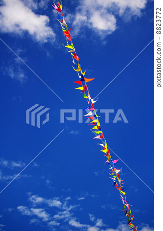 Multi colored party flags on a line on a background of blue sky 8823772