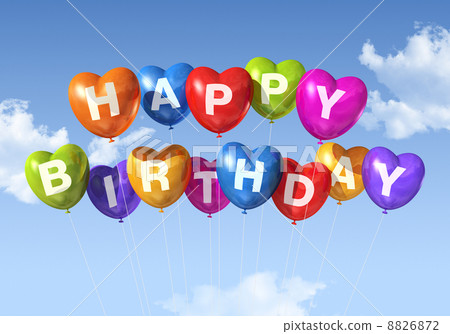 Happy Birthday heart shape balloons in the sky Happy Birthday heart shape balloons in the sky 8826872