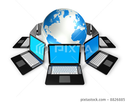Laptop computers around a world globe Laptop computers around a world globe 8826885