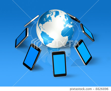 mobile phones around a world globe 8826896