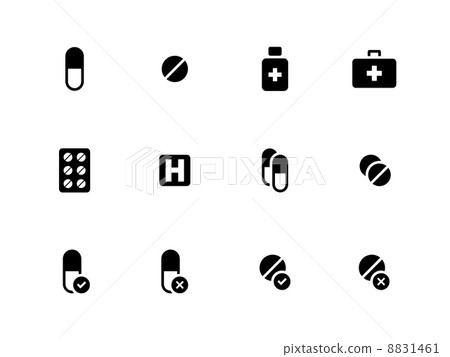Pills, medication icons on white background. 8831461