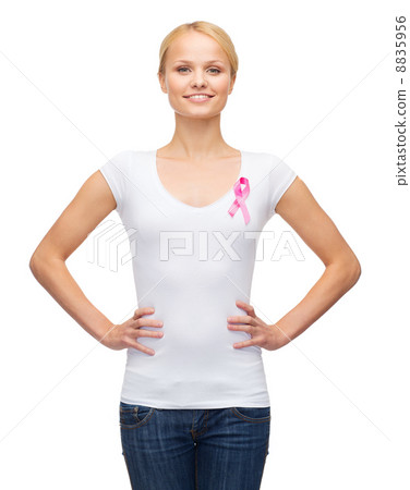 woman in blank t-shirt with pink cancer ribbon 8835956