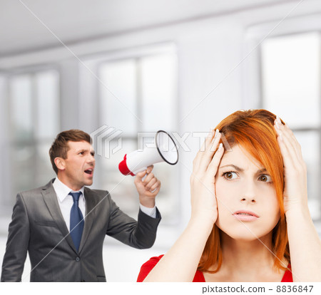 buisnessman with bullhorn and stressed woman buisnessman with bullhorn and stressed woman 8836847