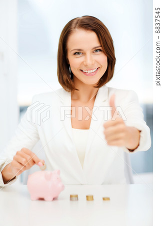 woman with piggy bank and cash money woman with piggy bank and cash money 8837545