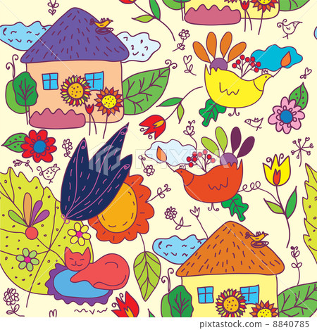 Seamless pattern with houses, flowers, birds Seamless pattern with houses, flowers, birds 8840785