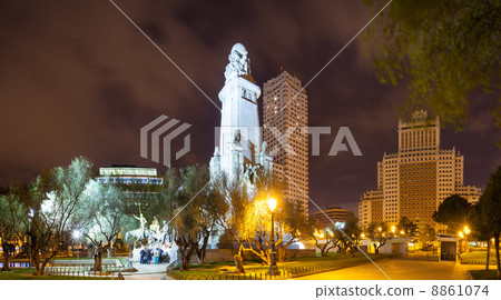 Night view of Cervantes Monument in Spain Square 8861074