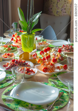 Table full of organic food. Well decorated 8869437